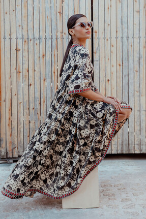 Roman Black Floral Print Border Maxi Dress