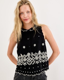 Black & Cream Embroidered Frill Collar Sleeveless Blouse £55 €72