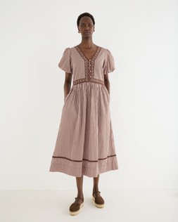 Brown & Pink Striped Seersuckerr Puff Sleeve Midi Dress £85 €115