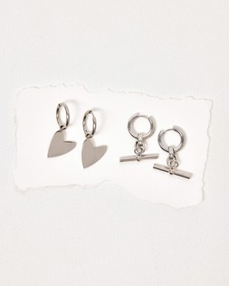Aretha Silver Tone Waterproof T-Bar Drop Hoop Earrings