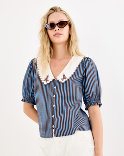 Chocolate Brown & Blue Striped Scalloped Collar Blouse £60 €78
