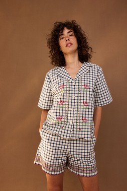 Cream & Blue Gingham Embroidered Short Sleeve Shirt £65 €85