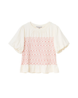 Ivory & Red Shirred Bodice Puff Sleeve Peplum Top £50 €65