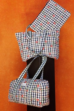 Navy Blue Gingham Rose Embroidered Quilted Tote Bag £46 €60