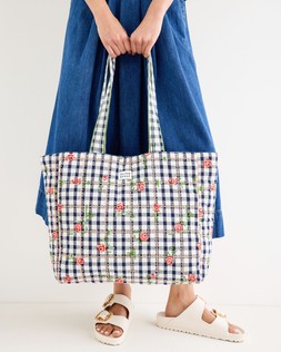 Navy Blue Gingham Rose Embroidered Quilted Tote Bag £46 €60