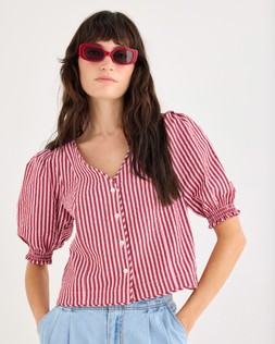 Pink & Burgundy Striped Seersucker Puff Sleeve Blouse £60 €78