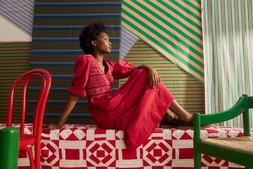Red & Purple Striped Shirred Bodice V-Neck Midi Dress £85 (landscape)