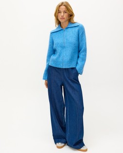 Blue Ribbed Collared Zip Up Knitted Cardigan £70