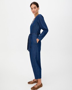 Dark Blue Denim Hot Fix Sparkle Tie Waist Jumpsuit