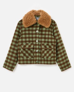 Brown & Green Check Print Wool Blend Jacket with Fur Collar £100