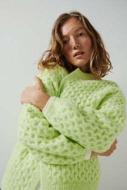 Oliver Bonas Denim Pleated Mini Skirt £60 - Oliver Bonas Lime Chunky Edge to Edge Cardi £68 (1)