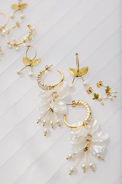 Oliver Bonas Kimberly Fine Metal Statement Flower Earrings £28 -Hannah Faux Pearl & Shell Statement Hoops £26 -Ola Brass & Pearl Cherry Hoops £18 -Flor Tiny Cherry &