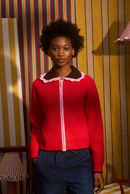 Red Scalloped Collar Zip Up Knitted Bomber Jacket £70