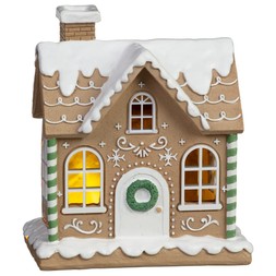 18.3CM LIGHT UP GINGERBREAD HOUSE WITH GREEN STRIPES & SNOWY ROOF £8 (426158)