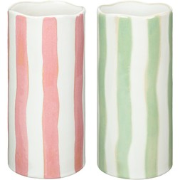 B&M HOME SS26 // COUNTRY RUSTIC // CERAMIC SCALLOP EDGE VASE WITH STRIPE PATTERN - GREEN & PINK // £6 EACH //