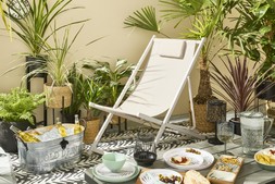 B&M GARDEN SS26 // BOTANICAL // METAL FRAME DECK CHAIR WITH CUSHION £25 // TALL PLANTER £20 // TALL NATURAL BASKET PLANTER ON METAL STAND £12 //