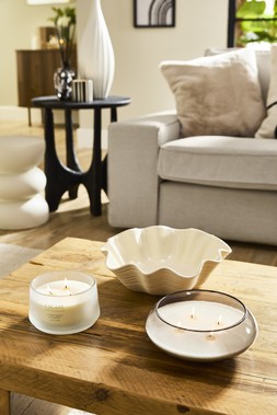 HOME SS26 // JAPANDI CALM // LARGE ESCAPE 3 WICK CANDLE £6 // CERAMIC RIBBED DISH £10 // 4 WICK COLOURED GLASS CANDLE £7 //