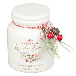 WHITE PUDDING CANDLE WITH WINTER BERRY CHARM £5 (436127)