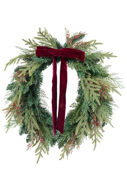 60cm Faux green furry wreath with velvet bow
