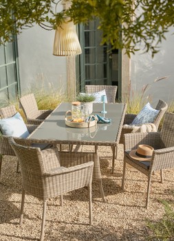 Milo 6 Seat Dining Set £599, Sintra Seagrass Tray Natural £19.99, Pitcher with daisy print & cork lid 1.1L £7.99