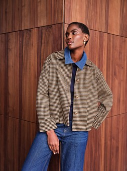 Check Jacket £48, Denim Collared Top £22, Flared Jeans £25