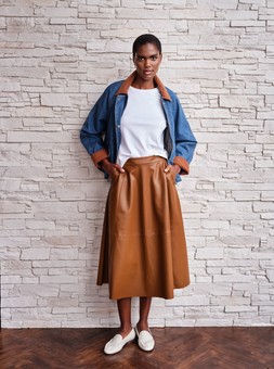 Denim Barn Jacket £38, T-Shirt £12, Faux Leather Midi Skirt £24