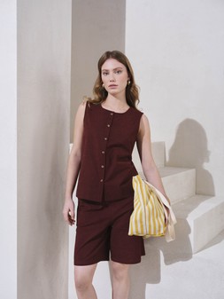 Linen Waistcoat Co-ord Top £16 , Linen Co-ord Shorts £18, & Yellow Striped Canvas Tote Bag £12.