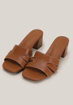 Womens Tan Geo Block Heel Mules