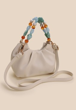 Womens Cream Beaded Handle Bag