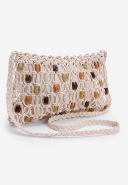Womens Cream Crochet Beaded Shoulder Bag