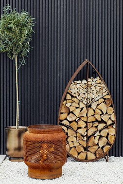 OUTDOOR TALL BUTTERMERE BASKET FIRE PIT RUST H51CM W45CM &pound;249.99 & LEAF ON STAND SCULPTURAL LOG STORAGE NATURAL RUST H124CM W70CM &pound;399.99