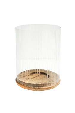 AMELIA RIBBED GLASS WOODEN CANDLE HOLDER H23CM D20CM £59.99