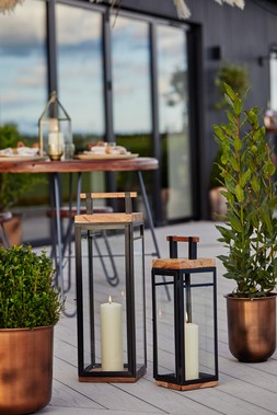GRACE TALL LANTERN IN ACACIA WOOD AND BLACK H58CM W20CM &pound;89.99