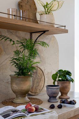 YORK VERDE TERRACOTTA URN H25CM D21.5CM £29.99, YORK GREY WASH TERRACOTTA URN H14.5CM D13.5CM £12.99, & YORK WASHED TERRACOTTA URN H18CM D15CM £19.99