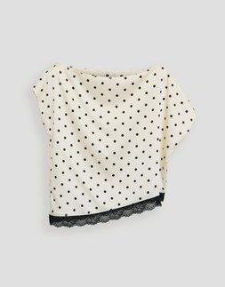 Satin Lace Trim Co-ord Slash Neck Top in Mono Polka Dot