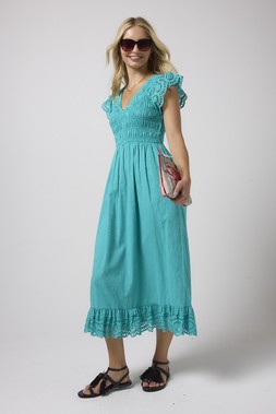 Turquoise Broderie Shirred Midi Dress