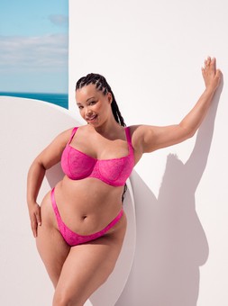 All Night Lace, Scooped Balcony Bra, Hot Pink/Blush, £32.00, US$65.00, CA$80.00, €48.00, A$80.00, All Night Lace, Tanga, Hot Pink/Blush, £17.00, US$32.00, CA$43.00, €26.00, A$43.00