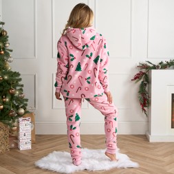 OHS Adults Christmas Candy Cane Fleece Hoodie Pyjama Set - Pink - £22.00