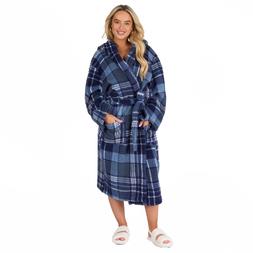 OHS Tartan Check Print Teddy Dressing Gown, Adults - Navy - £18.00