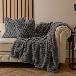 OHS Thick Faux Fur Waffle Throw - Charcoal-£16