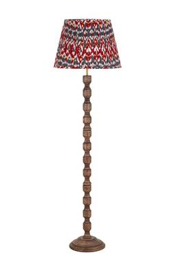 Wood floor lamp with red and blue pleated shade