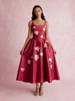 Anya Floral Embroidered Fit & Flare Midi Dress Pink