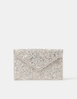 Floral Embellished Envelope Clutch Bag Silver