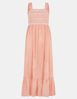 Floral Embroidered Smocked Midi Dress Pink