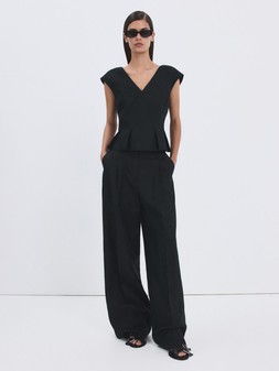 Mango Cotton Linen Peplum Top - Navy €62, Linen Trousers With Pleats - Navy €70 at Very.ie