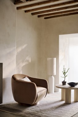 The Very Collection Floor Lamp €130, Accent Swivel Chair €459, Coffee Table €329, Border Rug €208, Crackle Glaze Bowl €47.99, Cushion €21 at Very.ie