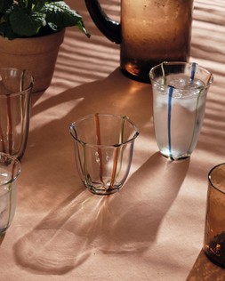 M&S HAMMERED GLASS JUG £18 / M&S SET OF 2 STRIPE HI BALL GLASSES £18 / M&S SET OF 2 STRIPE TUMBLERS £15 / M&S TABLECLOTH £25