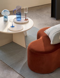 Mylo Table Lamp £35 / Contrast Jug £18 / Borosilicate Wine Glass £18 for a set of two / Contrast Stem Coupe Glass £18 for a set of two / Hive Coffee Table £99 / Rounded Footstool £129 / Swirl Cushion £19.50 / Rug from £99
